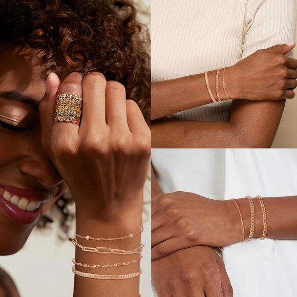 Gold Women’s Stack Bracelets Set 10 Pcs Rose Gold Chain & Paper Clip Jewelry - Picture 2 of 7